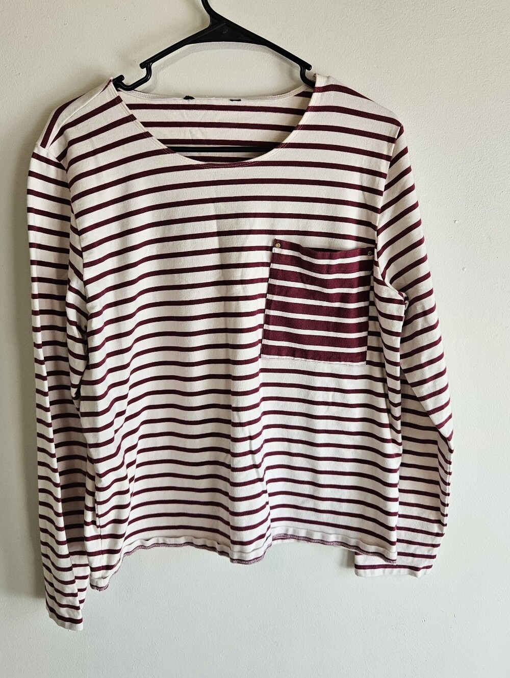 Burgundy Striped Long Sleeve Pocket T-Shirt Crewneck Casual XL